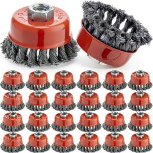 Tandefio 24 Pcs 3 Inch Wire Wheel Cup Brush with 5/8"-11 Threaded Arbor for 4 1/2 Angle Grinder Twisted Knotted Grinder Abrasive Wire Brushes for Heavy Cleaning Rust Removal (Classic)-0